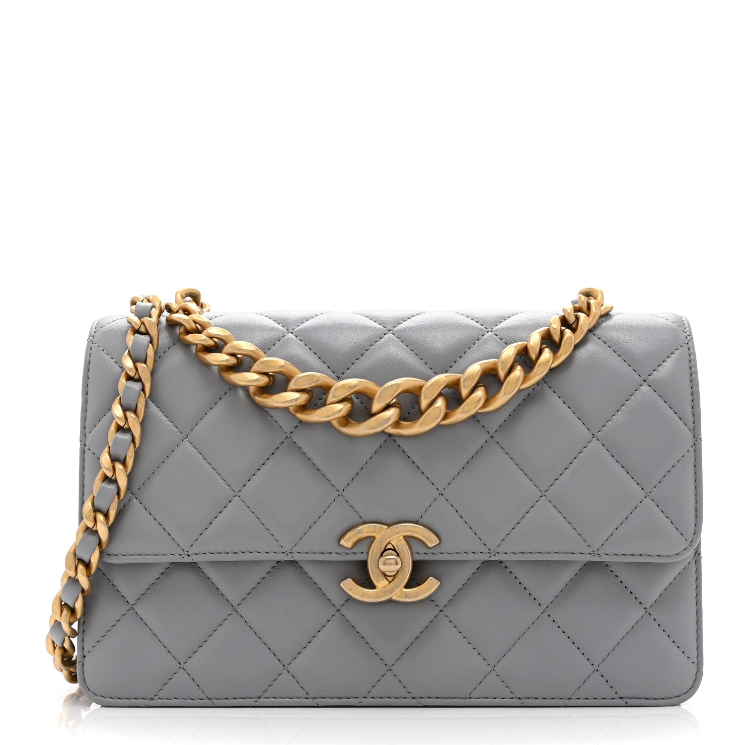 Chanel Caflskin Quilted Dual Handle Chain Flap Bag Grey