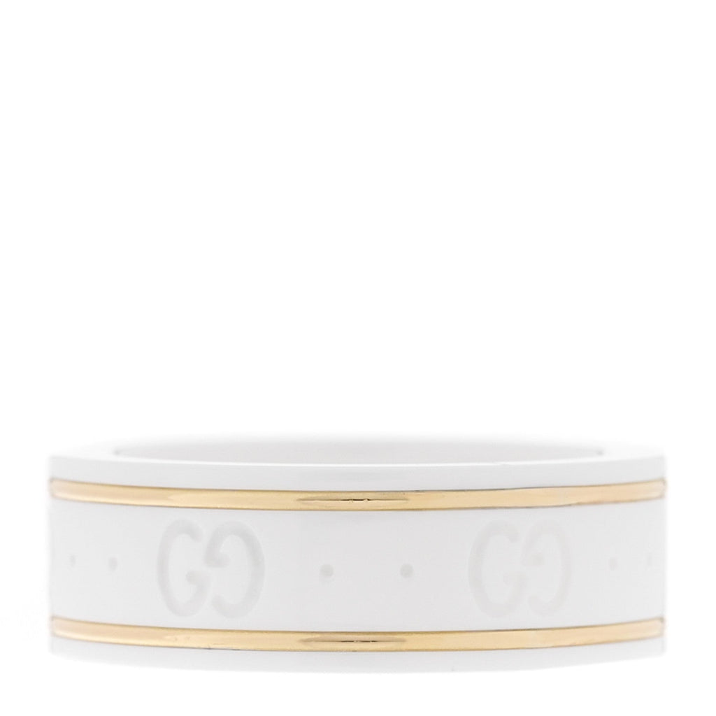 Gucci 18K Yellow Gold Ceramic Icon Band Ring 53 6.25 White