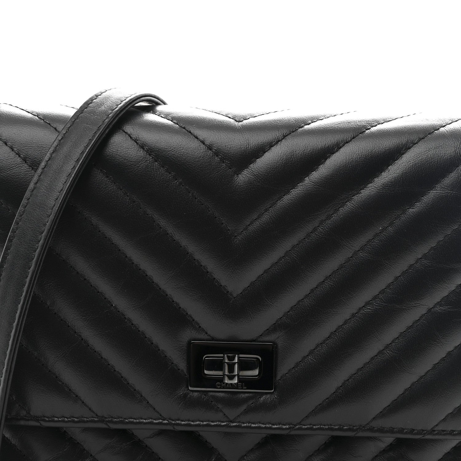 Chanel Aged Calfskin Chevron Quilted Reissue 2.55 Square Wallet On Chain WOC So Black