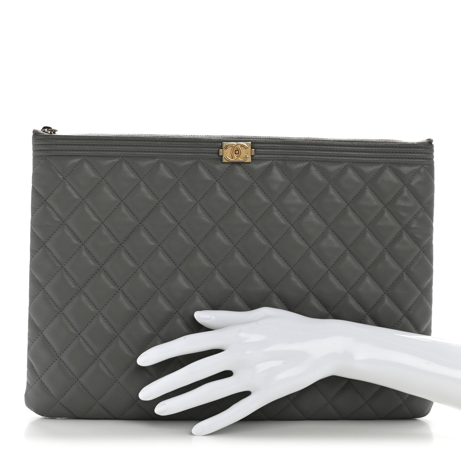 Lambskin Quilted Large Boy Zip Pouch Grey