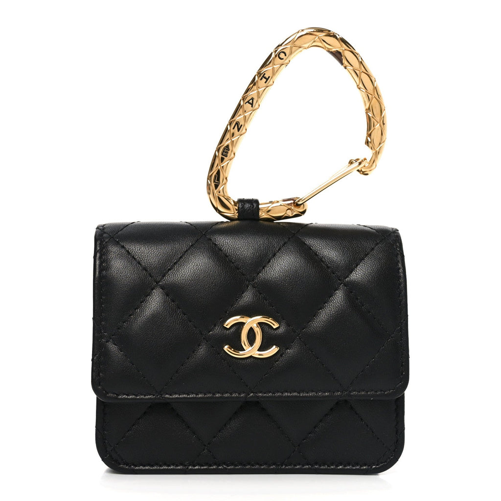 Lambskin Quilted CC Hook Card Holder Black