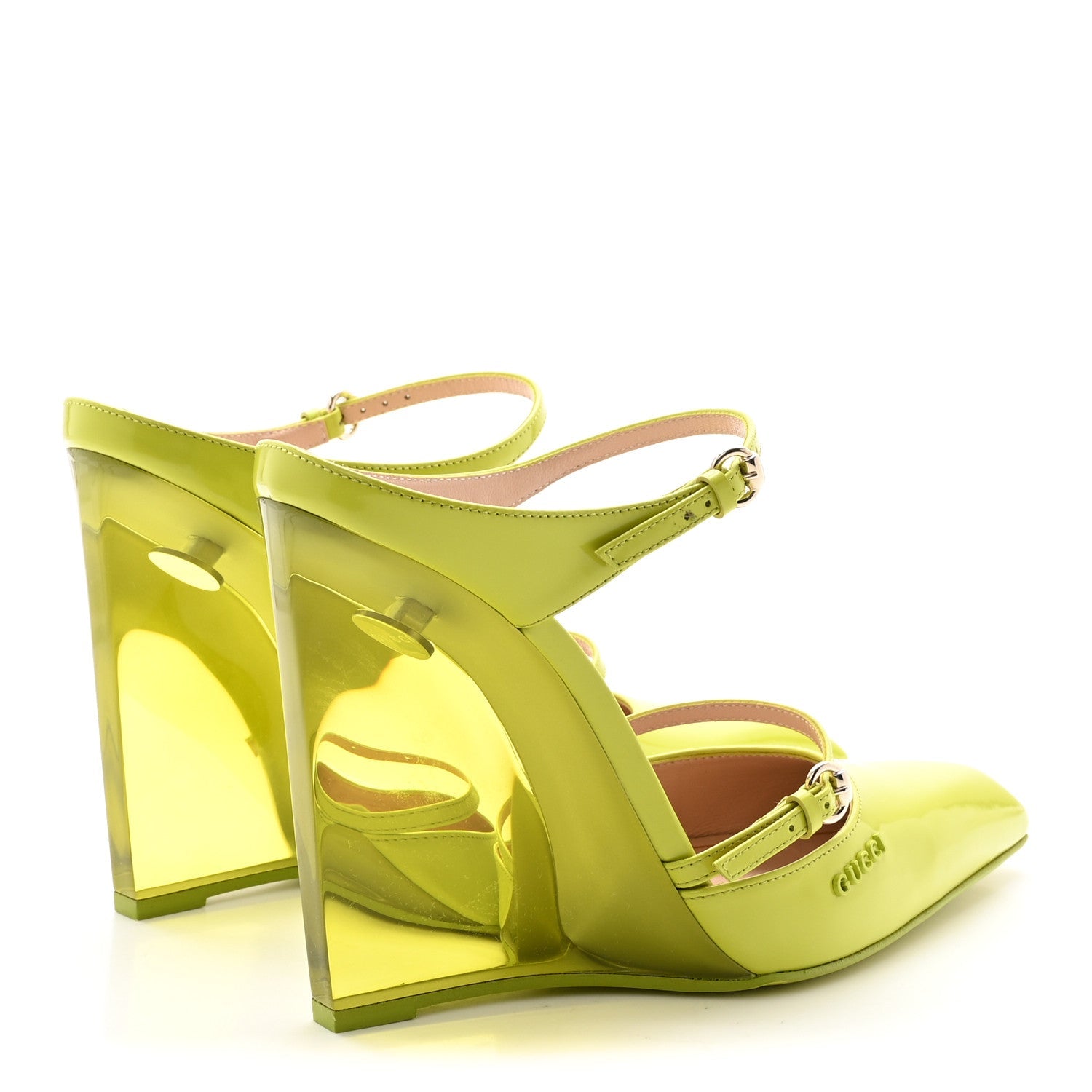 Gucci Regent Calfskin Lucite Wedge 110 Mules 38 Firefly