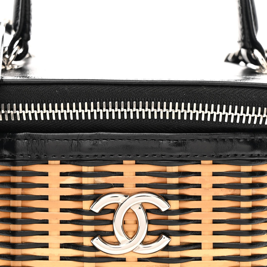Chanel Calfskin Raffia Small Vanity Case Bag Black Beige