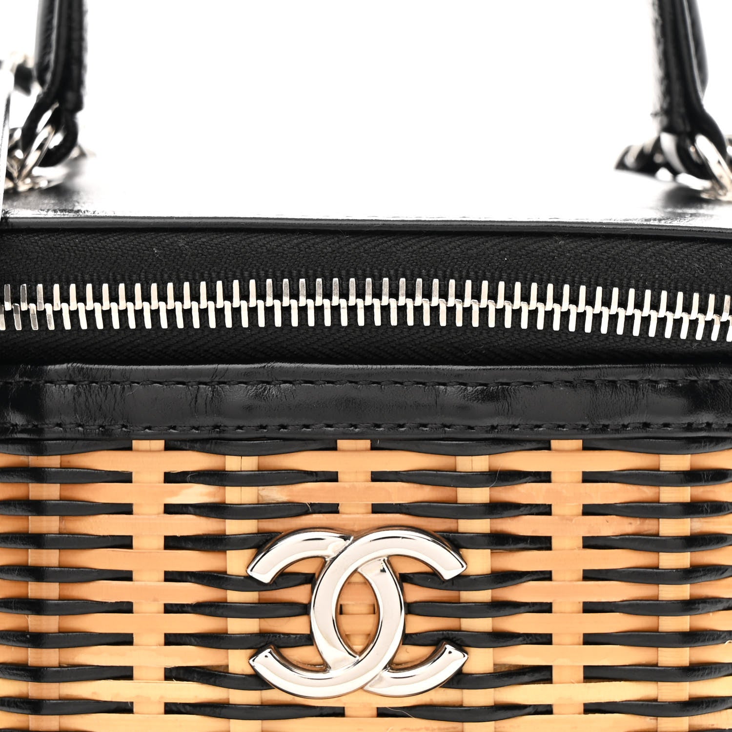 Chanel Calfskin Raffia Small Vanity Case Bag Black Beige