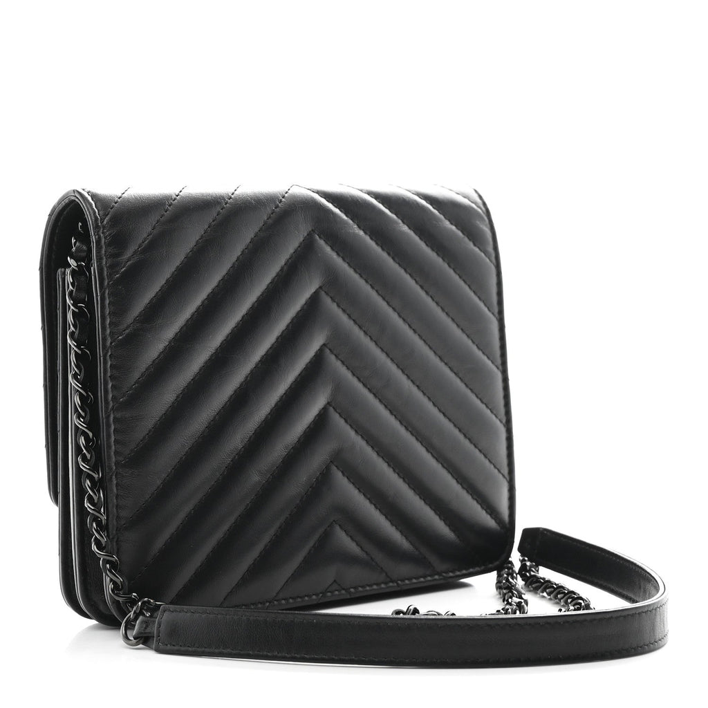 Chanel Aged Calfskin Chevron Quilted Reissue 2.55 Square Wallet On Chain WOC So Black