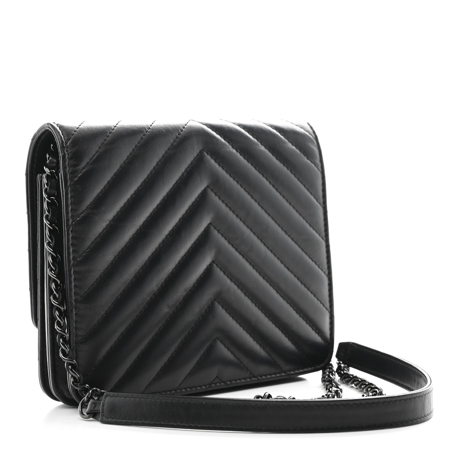 Chanel Aged Calfskin Chevron Quilted Reissue 2.55 Square Wallet On Chain WOC So Black