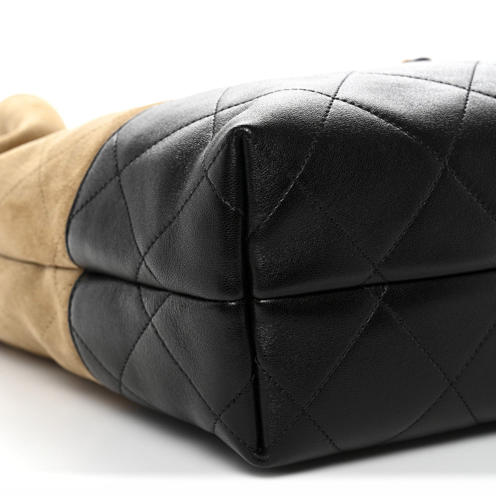 Chanel Suede Calfskin Shiny Lambskin Quilted Coco Base Shopping Bag Beige Black