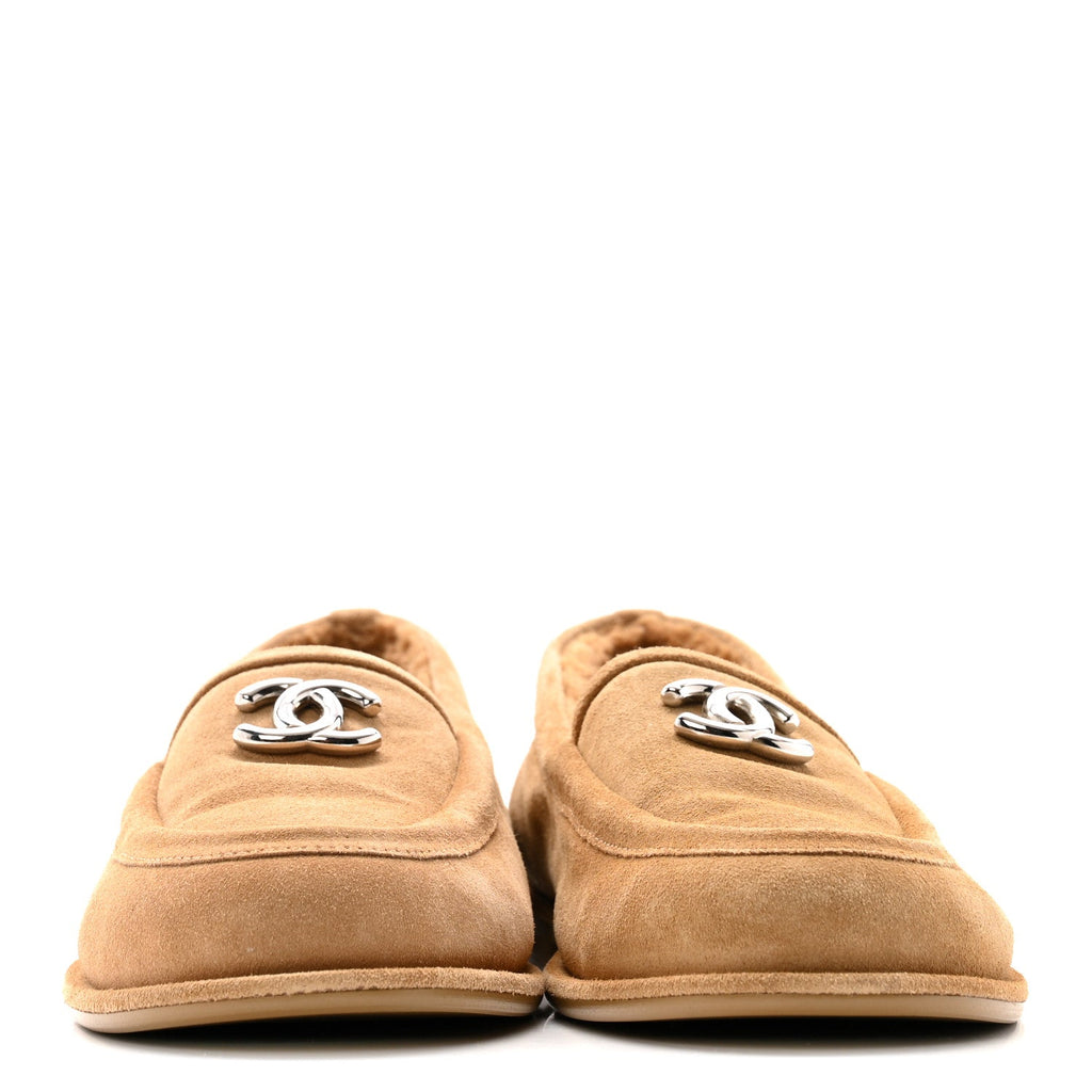 Chanel Suede Calfskin CC Loafers 38.5 Dark Beige