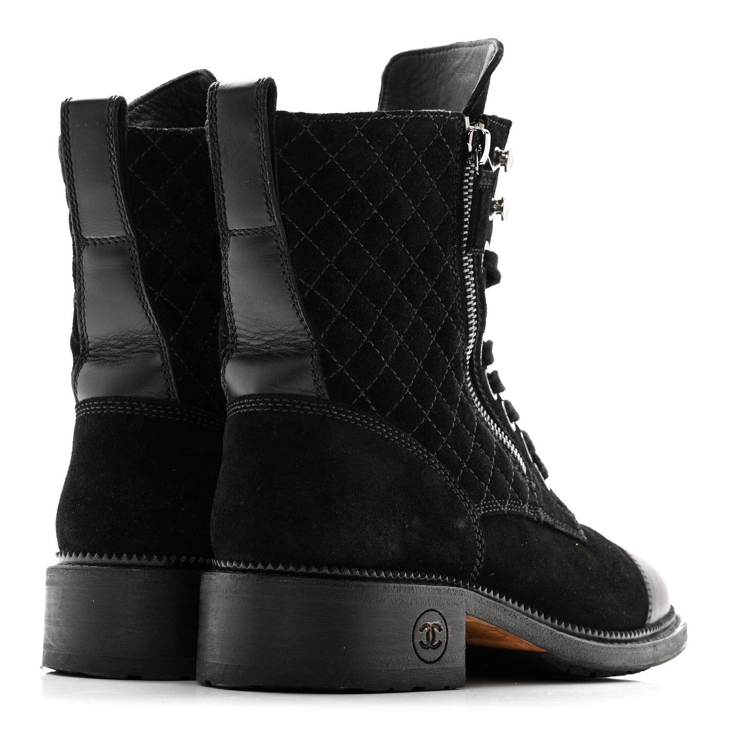 Chanel Suede Calfskin Quilted Lace Up Boots 38 Black