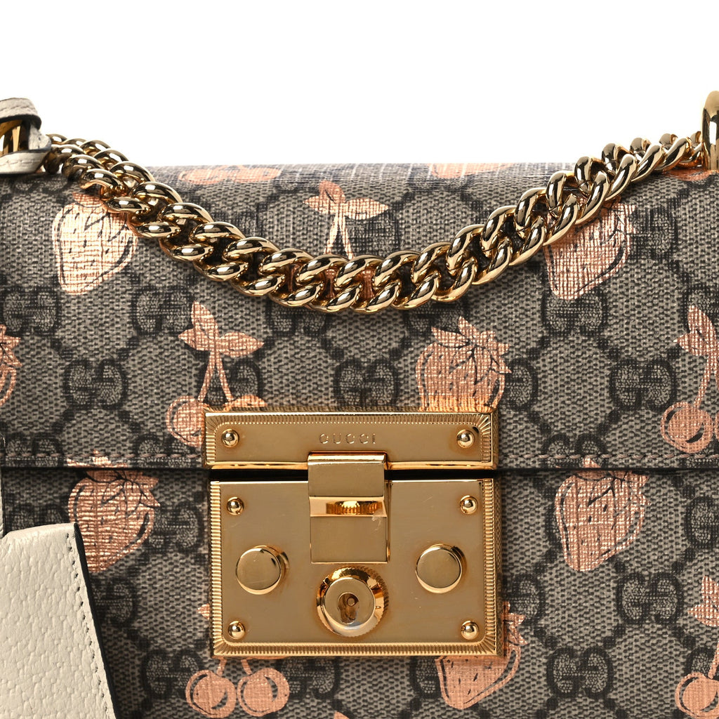 Gucci GG Supreme Monogram Berry Textured Dollar Calfskin Small Padlock Shoulder Bag Beige Ebony Light Copper Mystic White