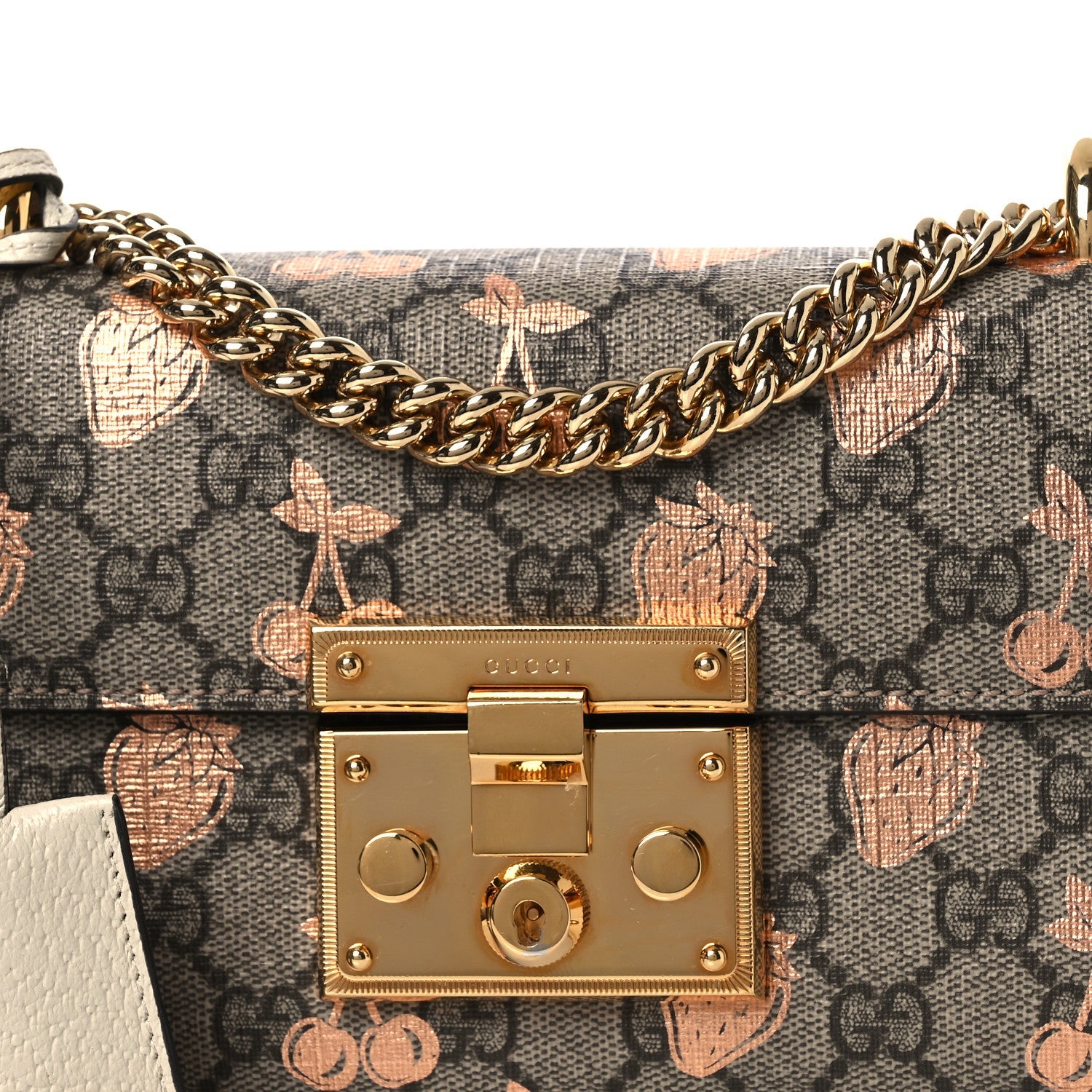 Gucci GG Supreme Monogram Berry Textured Dollar Calfskin Small Padlock Shoulder Bag Beige Ebony Light Copper Mystic White