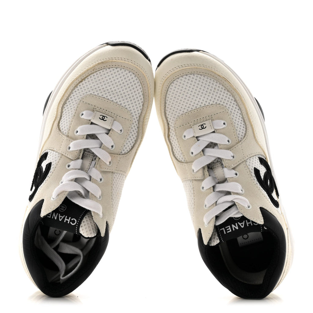 Mesh Suede Calfskin Grained Calfskin Womens CC Sneakers 38 White Black