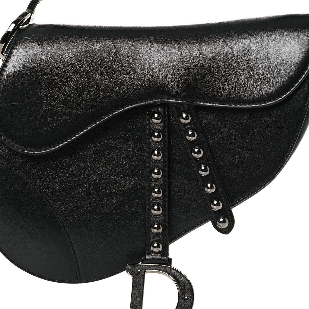 Christian Dior Shiny Crinkled Calfskin Studded Saddle Bag Black
