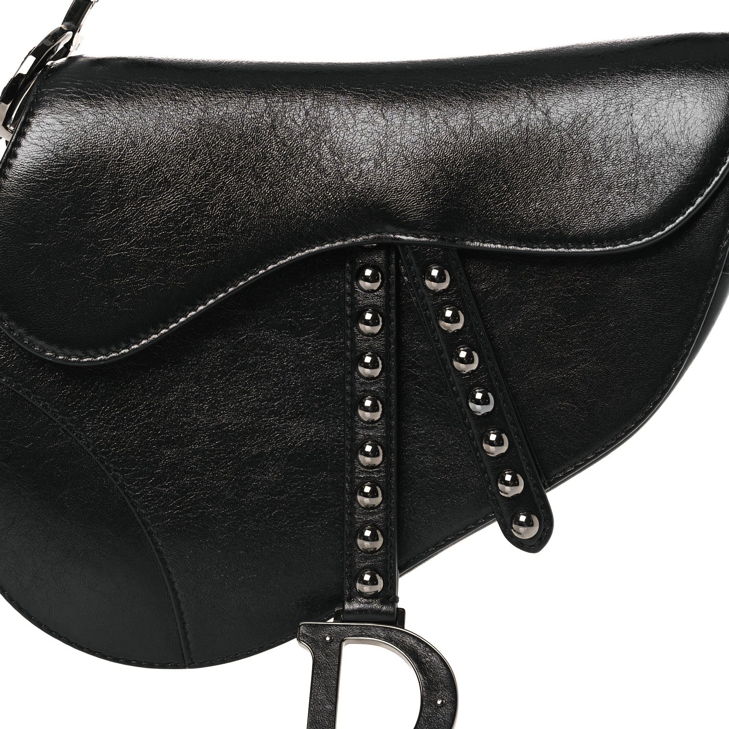 Christian Dior Shiny Crinkled Calfskin Studded Saddle Bag Black