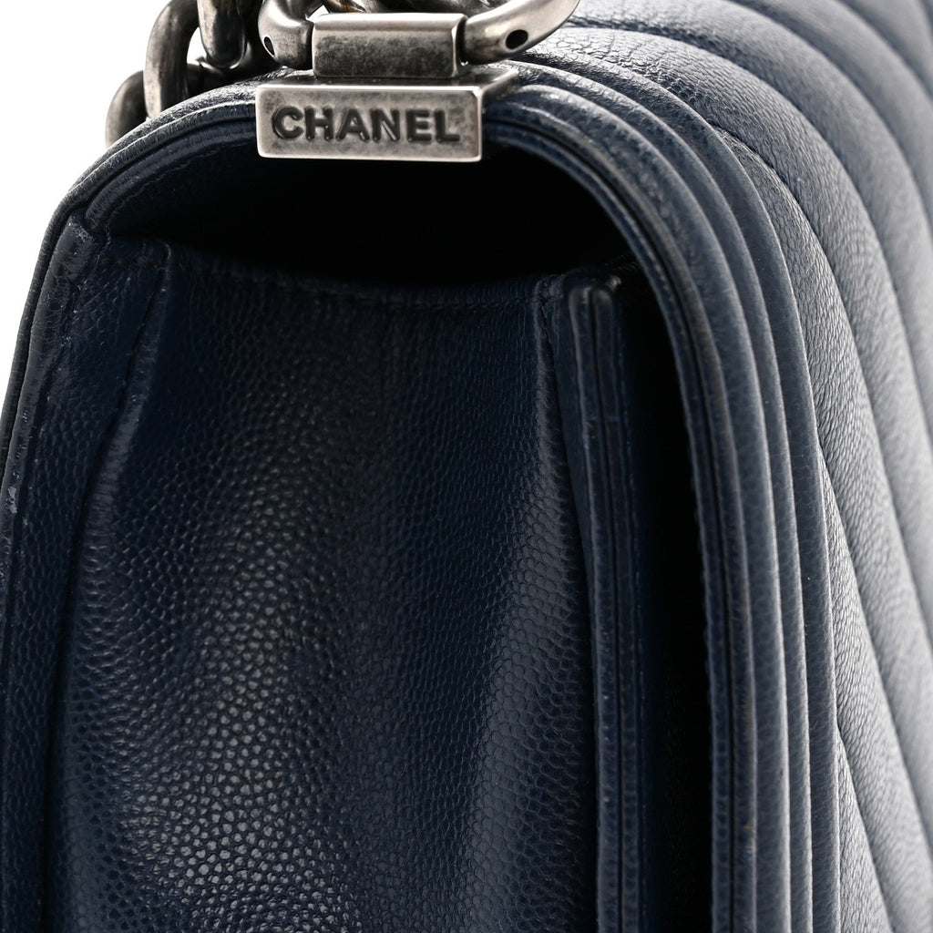 Chanel Caviar Chevron Quilted Medium Boy Flap Navy