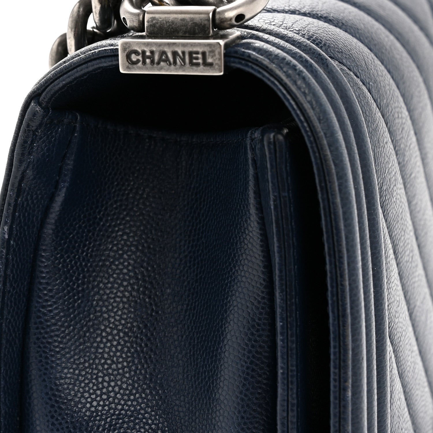 Chanel Caviar Chevron Quilted Medium Boy Flap Navy
