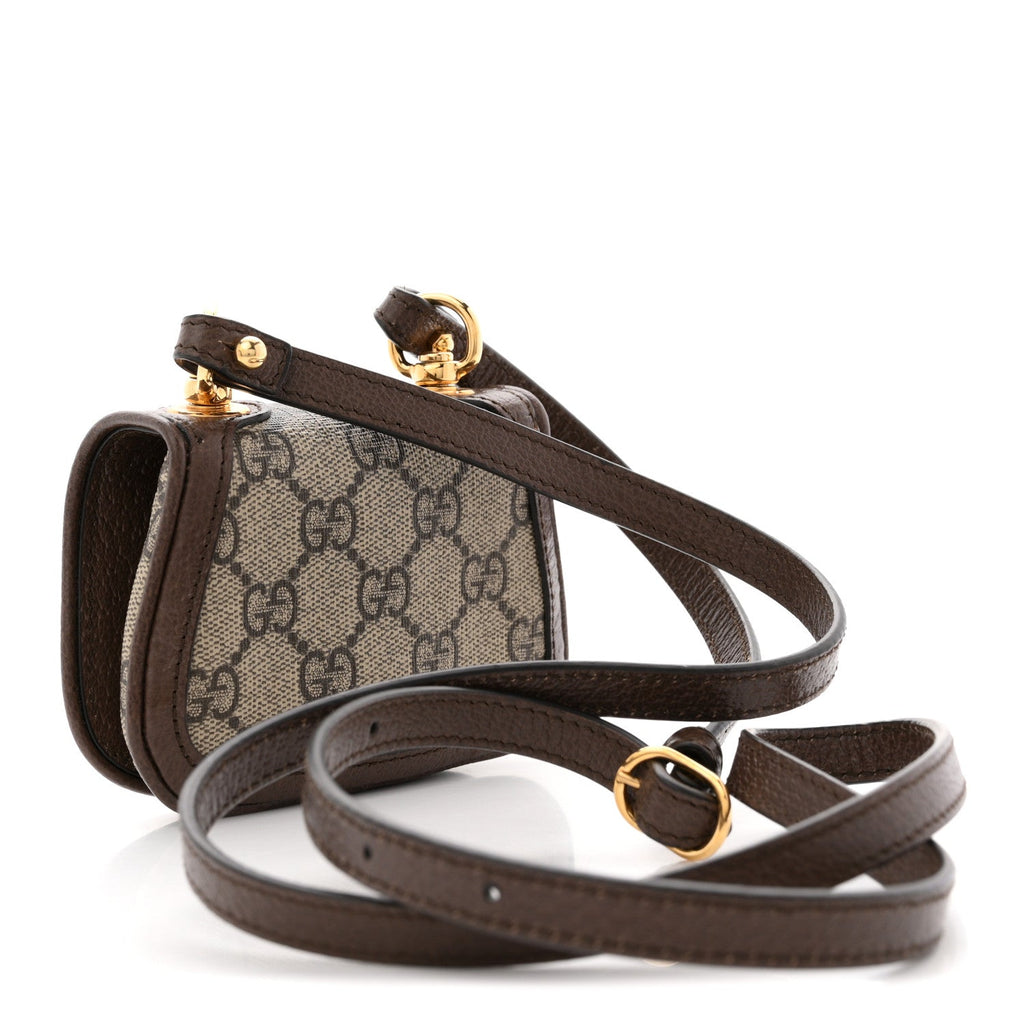 Gucci GG Supreme Monogram Textured Dollar Calfskin Blondie Card Case Wallet with Strap Beige Ebony New Acero