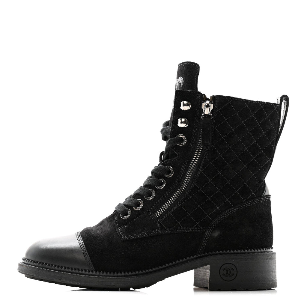 Chanel Suede Calfskin Quilted Lace Up Boots 38 Black
