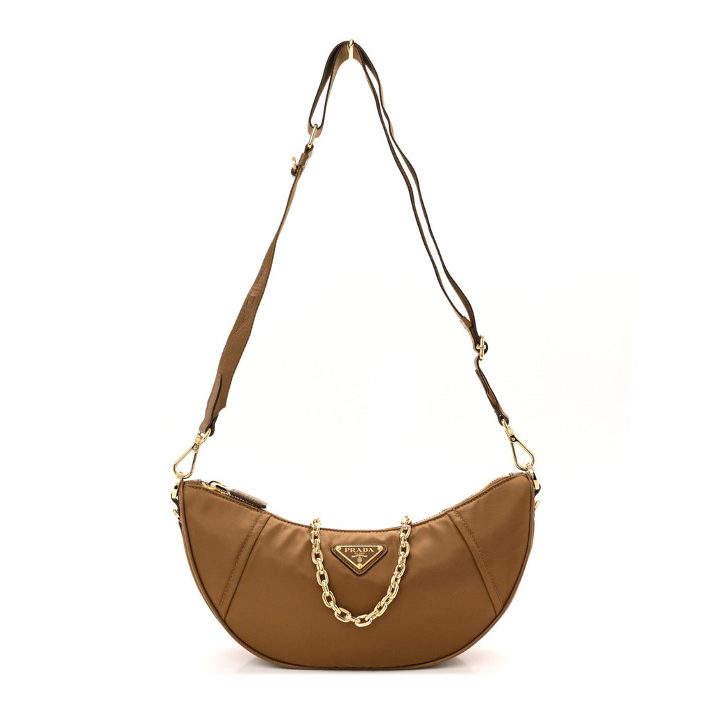 Prada Re-Nylon Saffiano Demi-lune Shoulder Bag Brown
