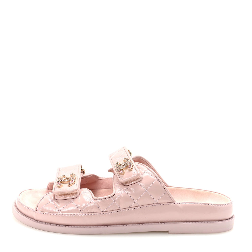 Chanel Shiny Calfskin Crystal Quilted Velcro Dad CC Slide Sandals 39 Light Pink