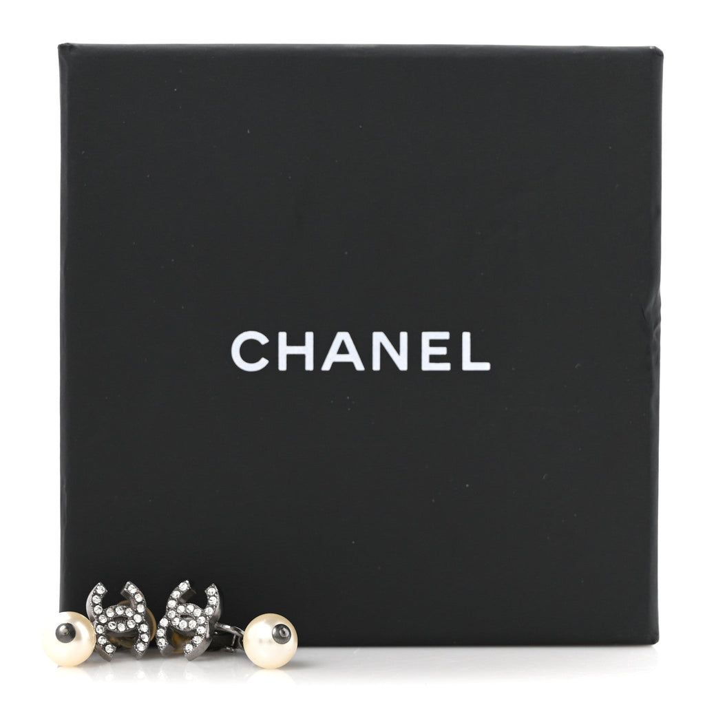 Pearl Crystal CC Drop Clip On Earrings Silver