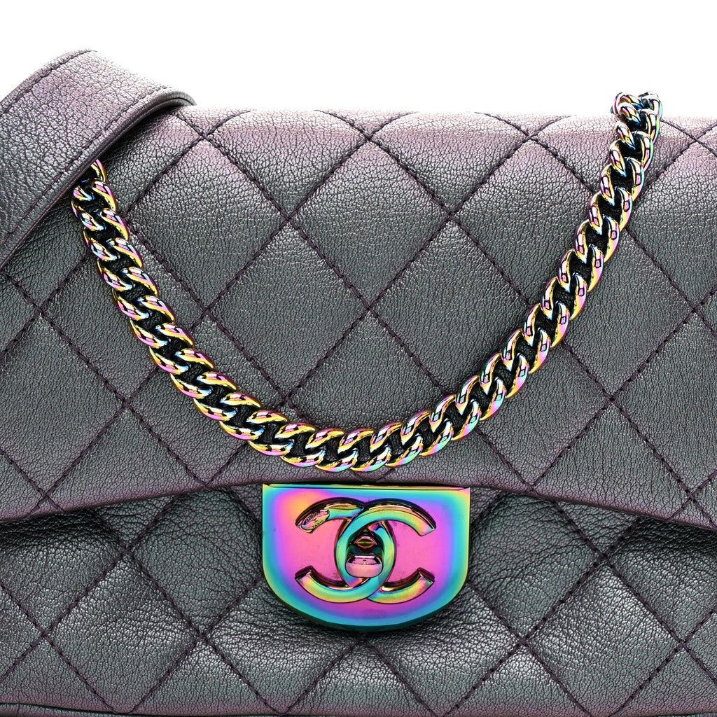 Chanel Iridescent Goatskin Quilted Small Double Carry Waist Chain Flap Purple