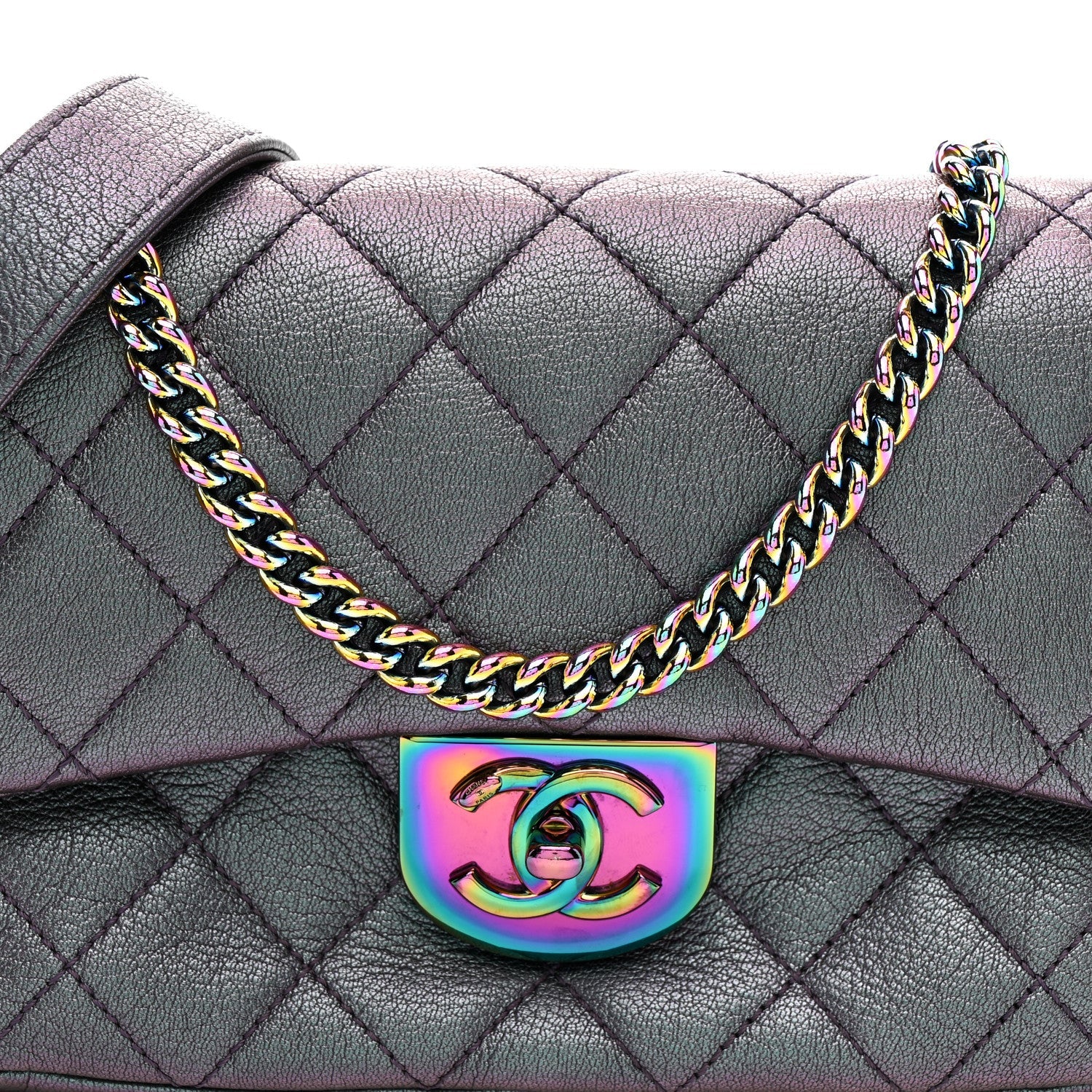 Chanel Iridescent Goatskin Quilted Small Double Carry Waist Chain Flap Purple