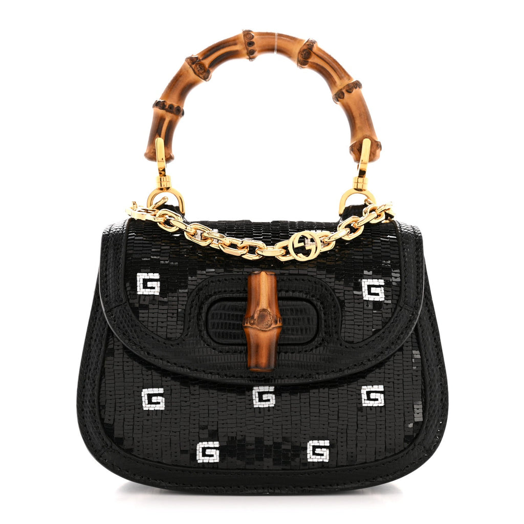 Gucci Sequin Lizard Embossed GG Mini Bamboo 1947 Top Handle Chain Bag Black White