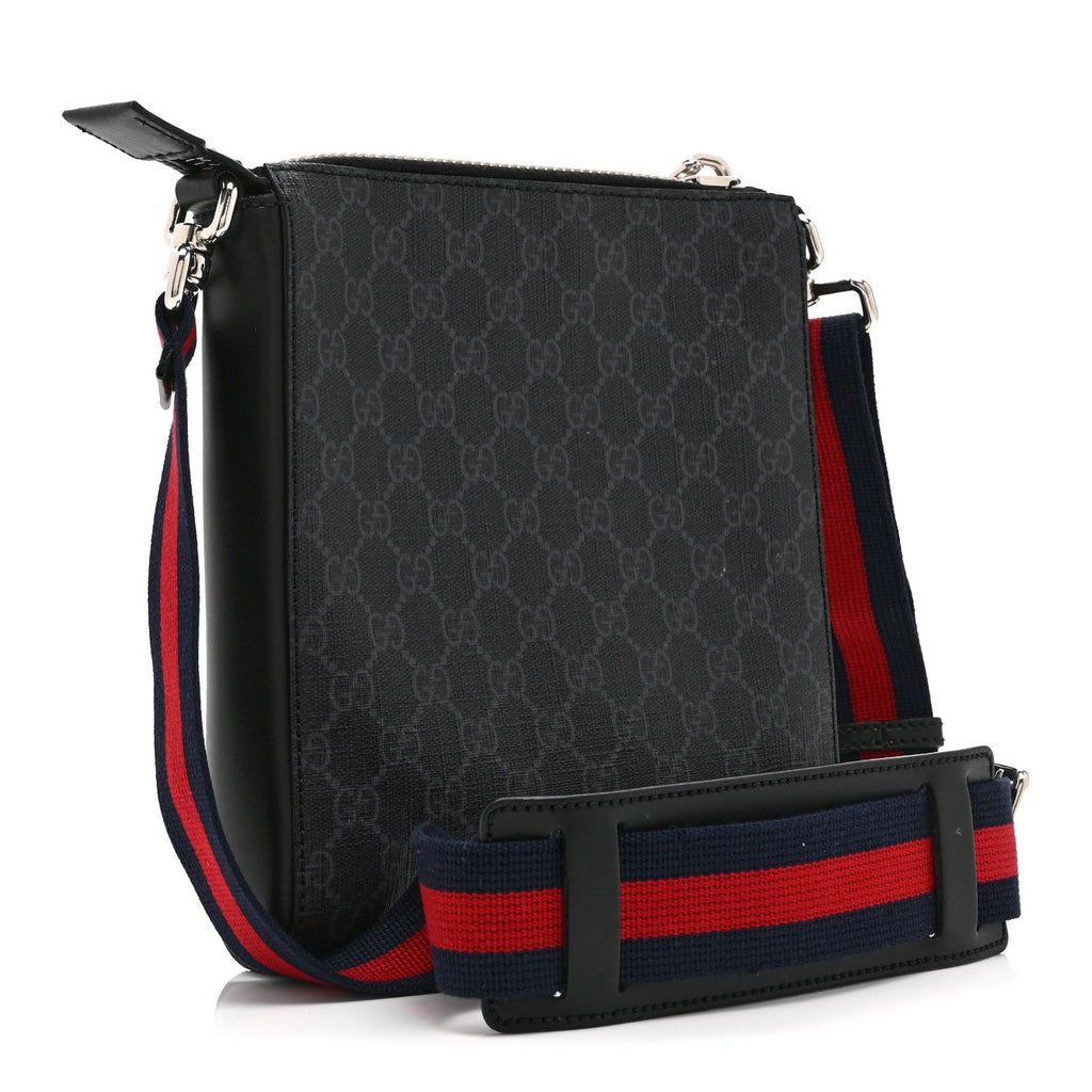 Gucci GG Supreme Monogram Web Small Flat Messenger Bag Black Grey