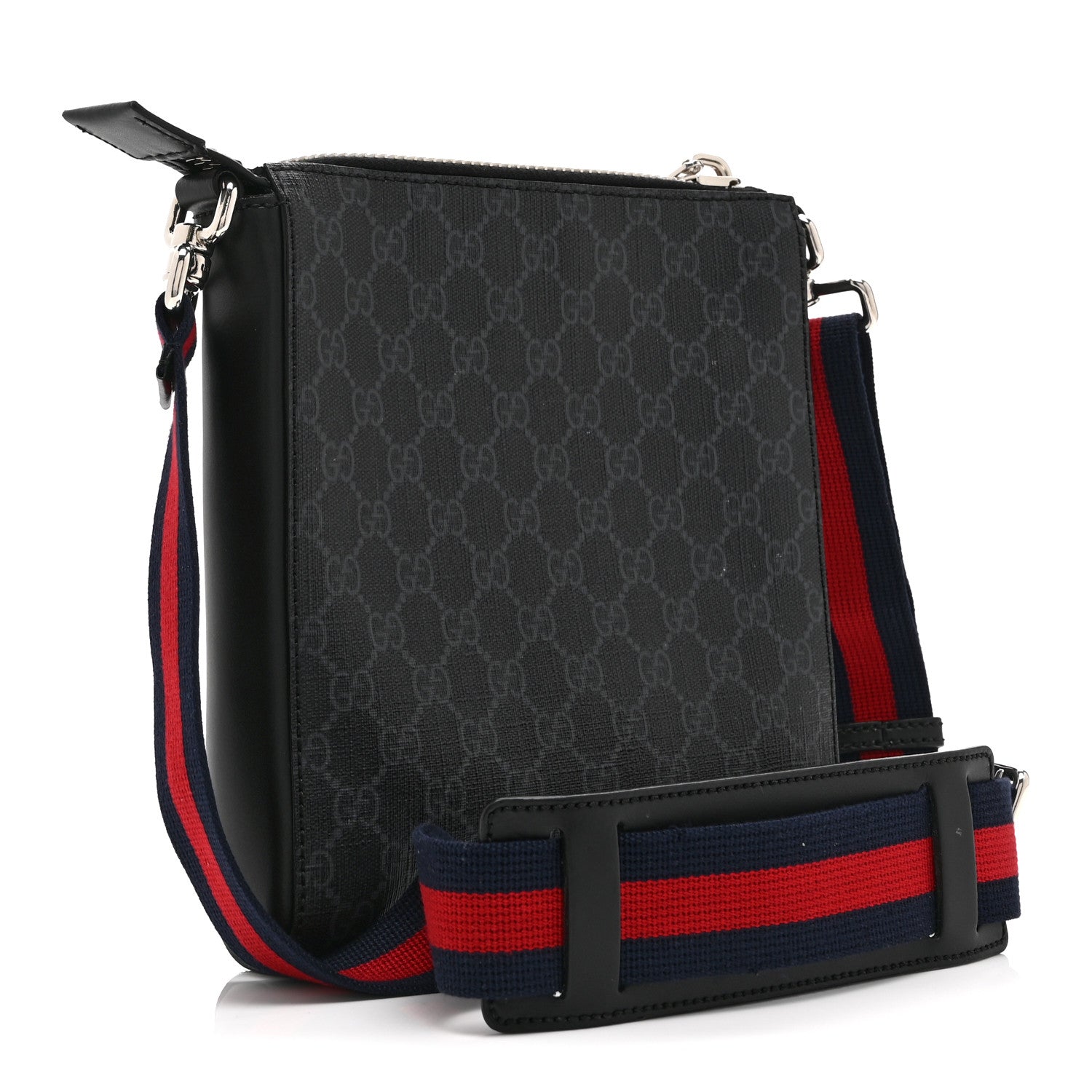 Gucci GG Supreme Monogram Web Small Flat Messenger Bag Black Grey