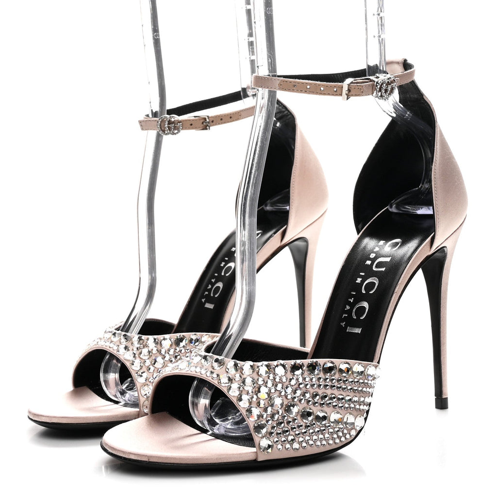 Gucci Satin Crystal Ankle Strap Sandal Pumps 39.5 Skin Rose