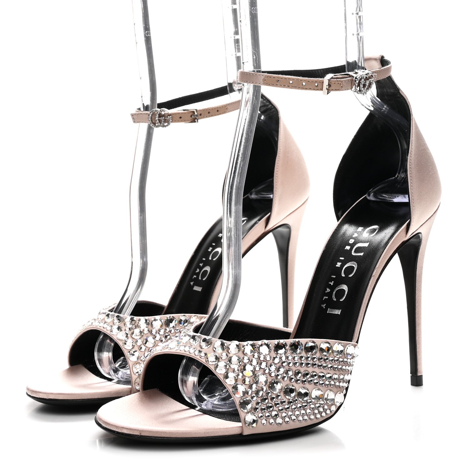 Gucci Satin Crystal Ankle Strap Sandal Pumps 39.5 Skin Rose