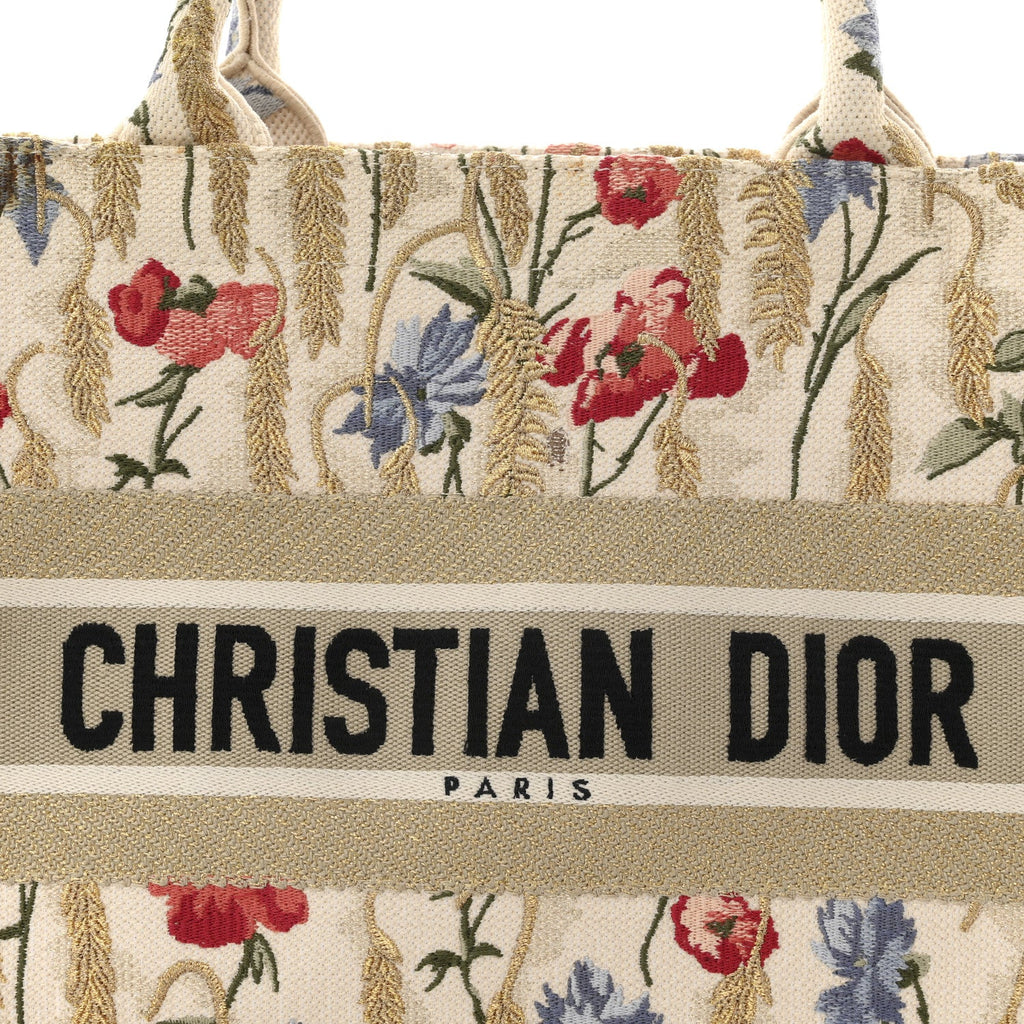 Christian Dior Canvas Embroidered Medium Hibiscus Book Tote Beige Multicolor