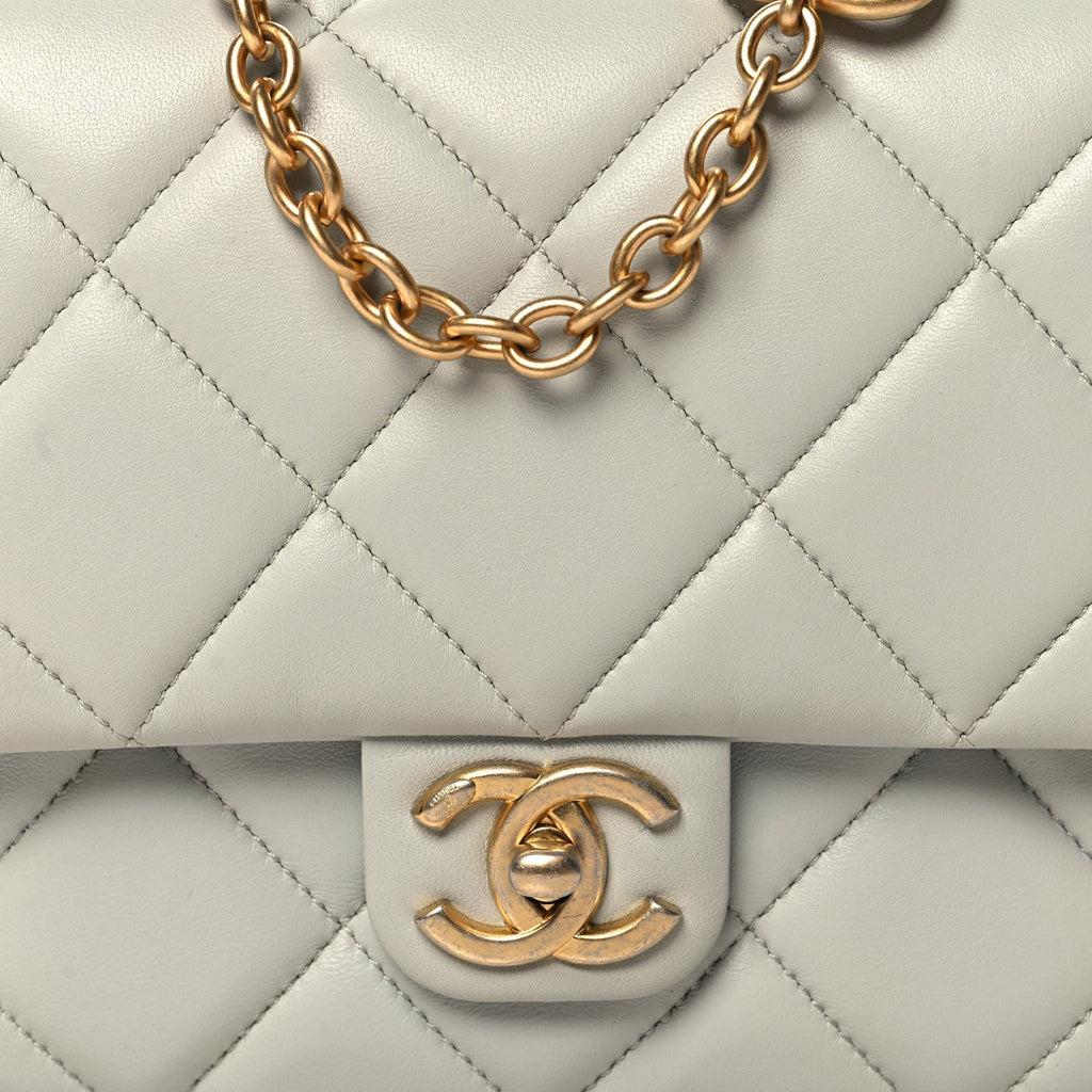 Chanel Lambskin Enamel Pearl Quilted Mini Charm Me Square Flap Light Blue