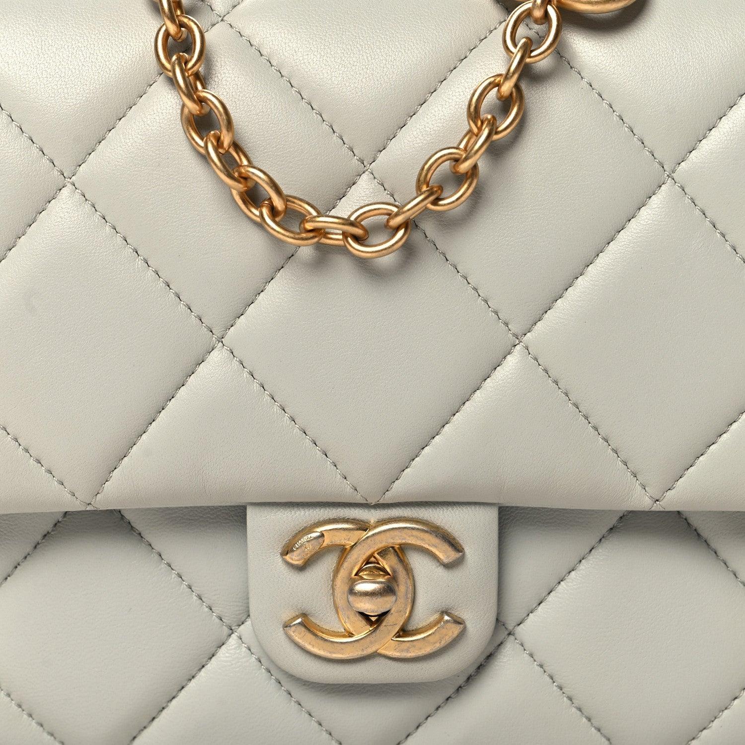 Chanel Lambskin Enamel Pearl Quilted Mini Charm Me Square Flap Light Blue
