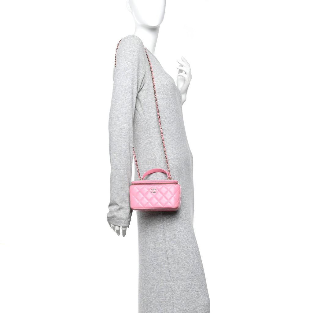 Chanel Lambskin Quilted Small Top Handle Vanity Case With Chain Pink