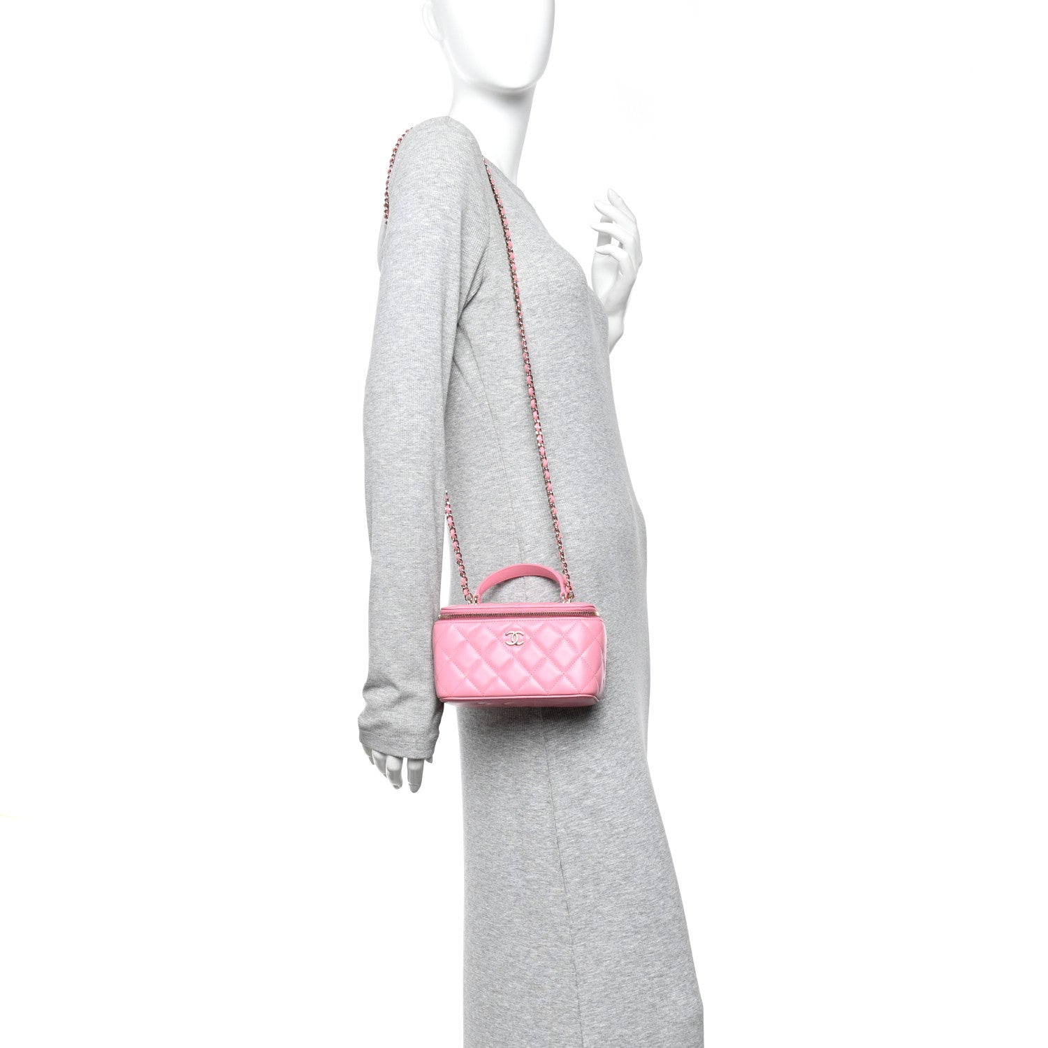 Chanel Lambskin Quilted Small Top Handle Vanity Case With Chain Pink