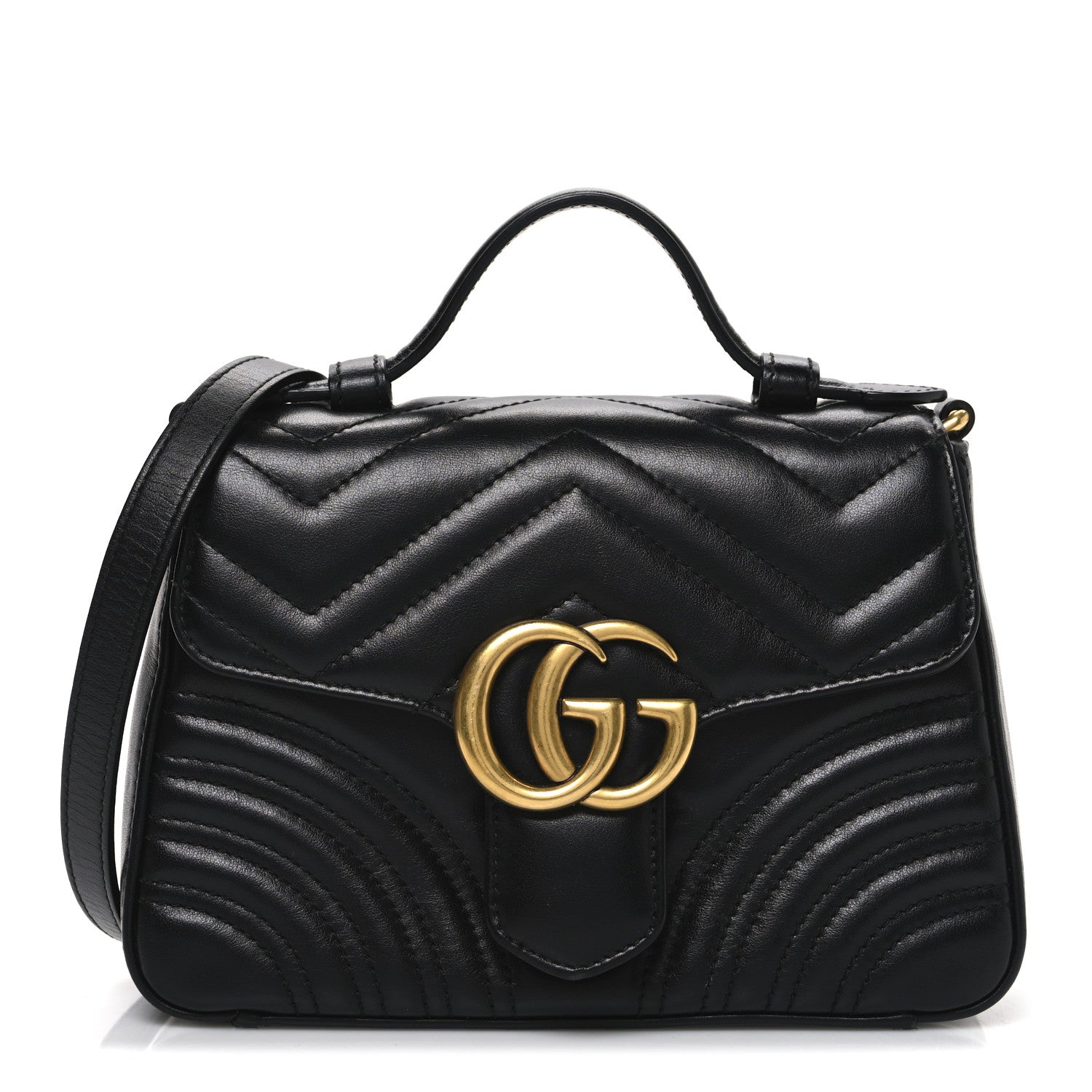 Gucci Calfskin Matelasse Mini GG Marmont Top Handle Shoulder Bag Black