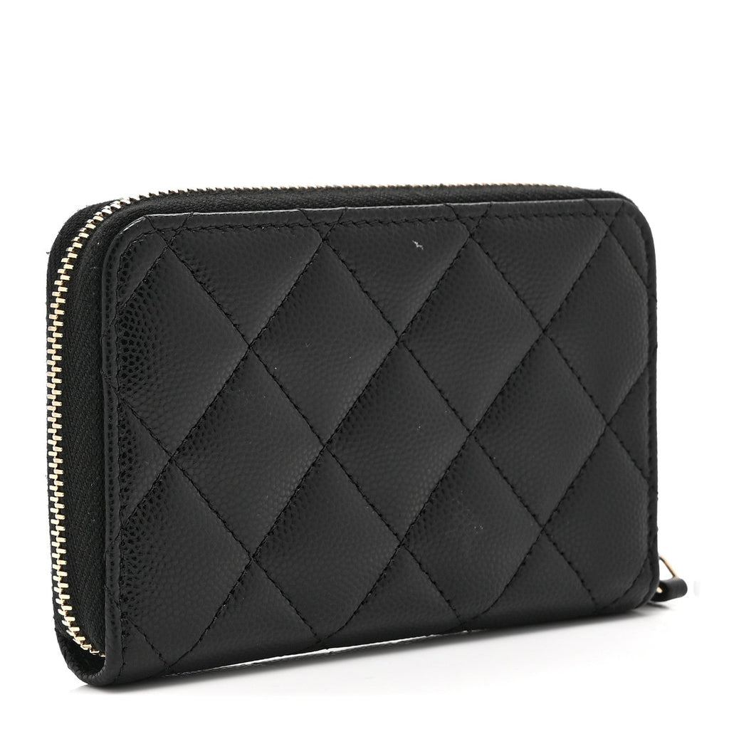 Caviar Quilted Crystal Zip Around Coin Purse Wallet Black