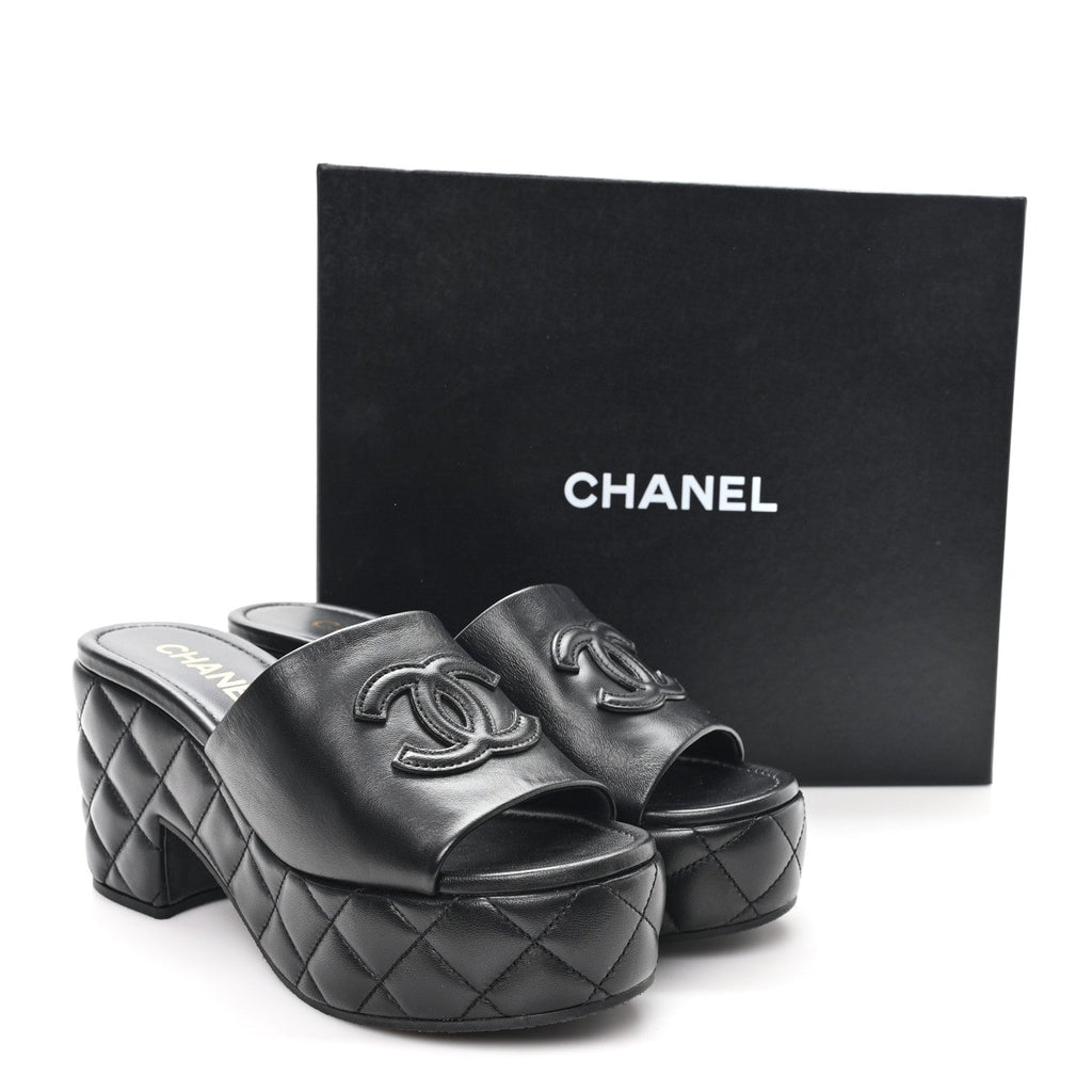 Lambskin Quilted CC Platform Mules 41 Black