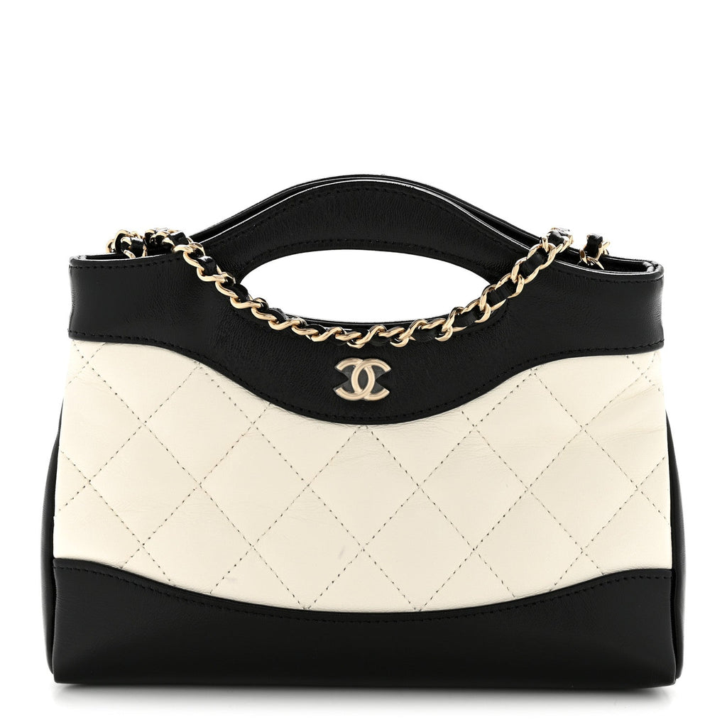 Chanel Shiny Crumpled Calfskin Quilted Nano 31 Shopping Bag White Black