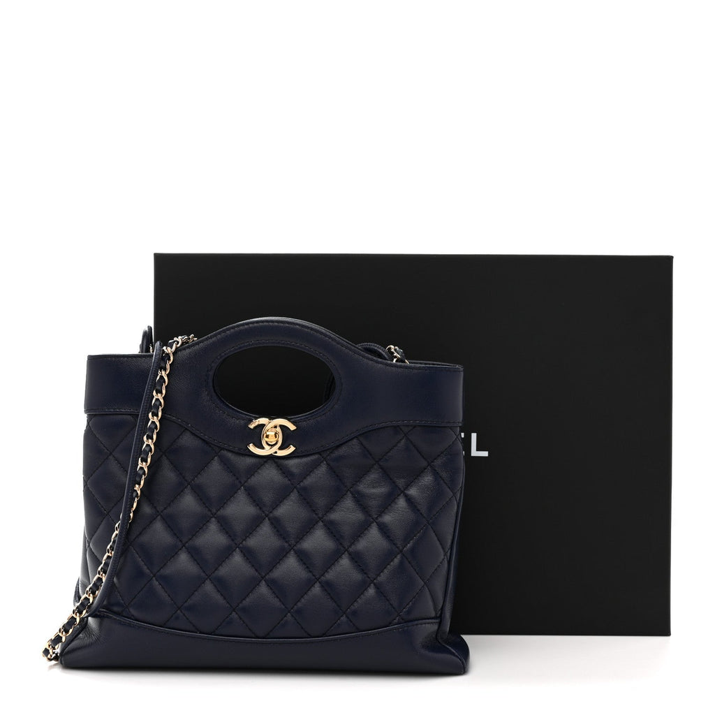Chanel Shiny Crumpled Calfskin Quilted Mini 31 Shopping Bag Navy Blue