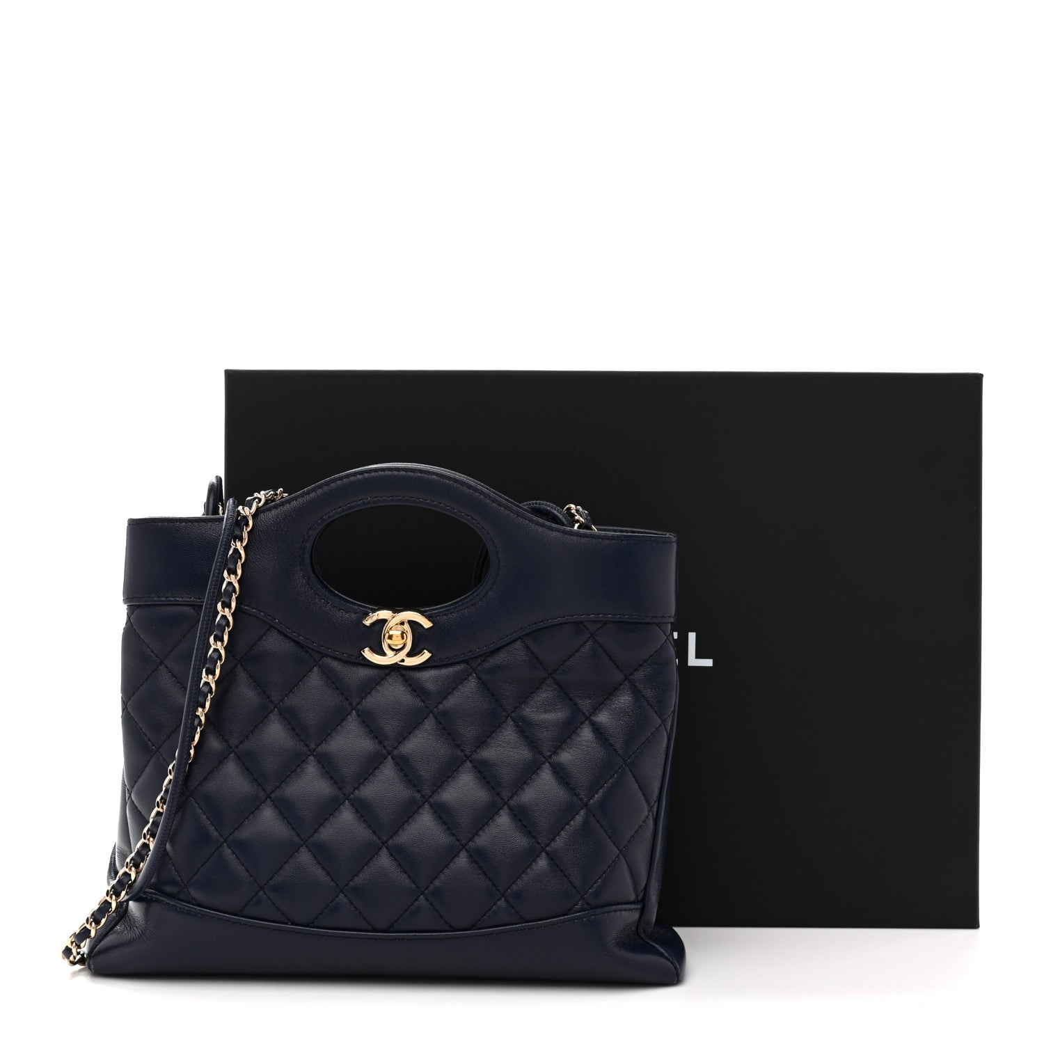 Chanel Shiny Crumpled Calfskin Quilted Mini 31 Shopping Bag Navy Blue