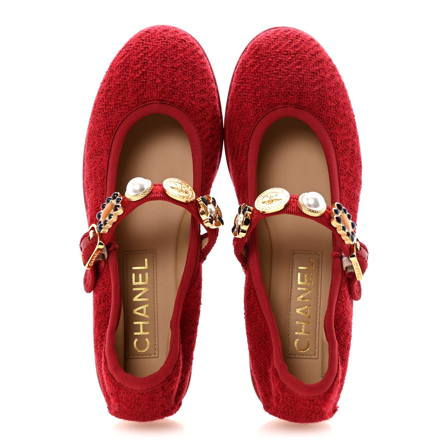 Chanel Wool Tweed Patent Mary Jane Flats 36 Red