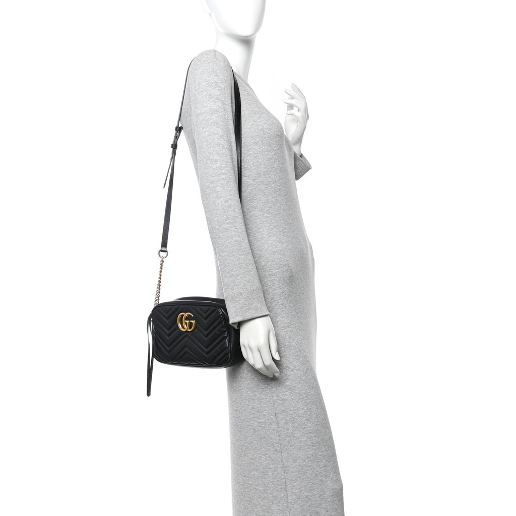 Gucci Calfskin Matelasse Small GG Marmont Chain Shoulder Bag Black