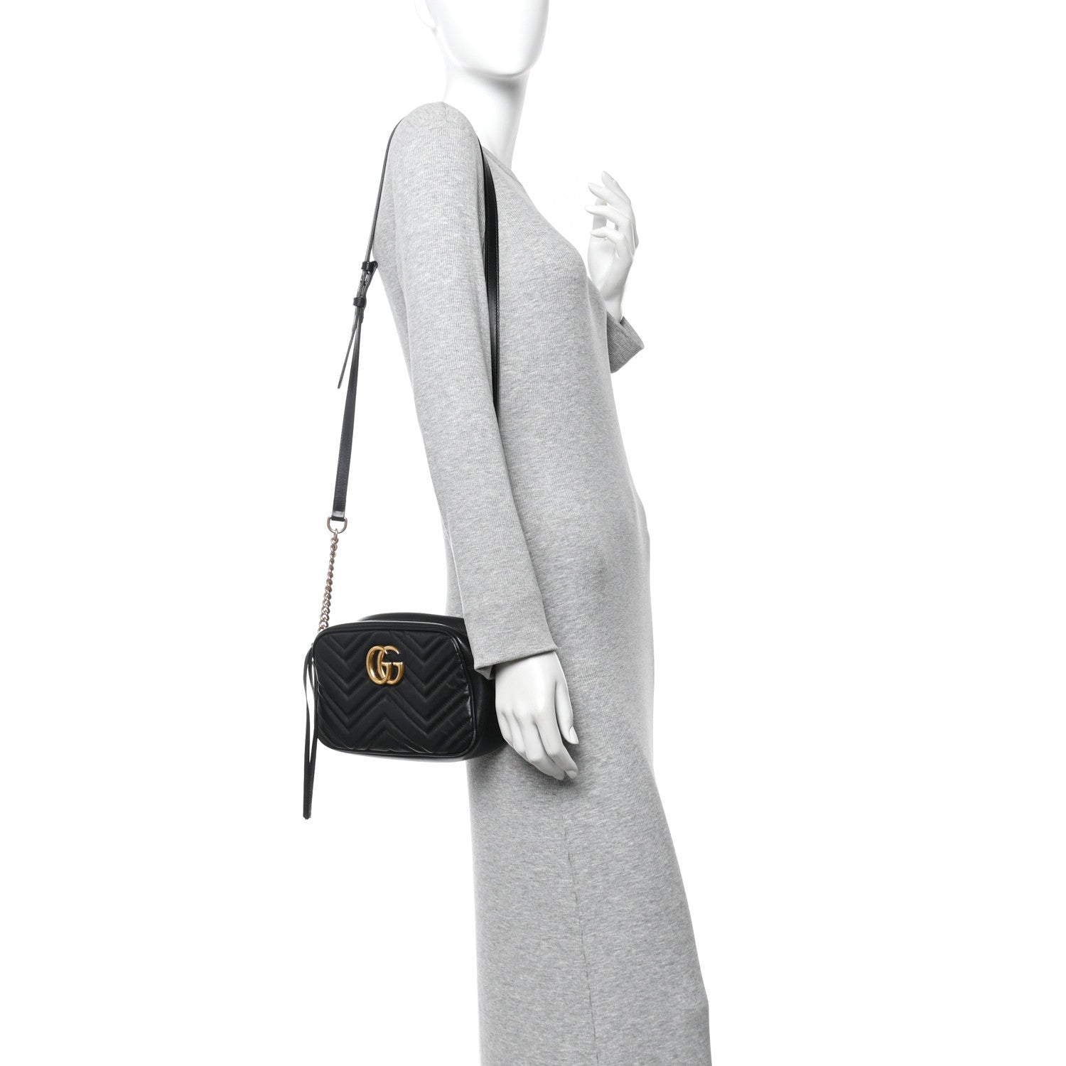 Gucci Calfskin Matelasse Small GG Marmont Chain Shoulder Bag Black