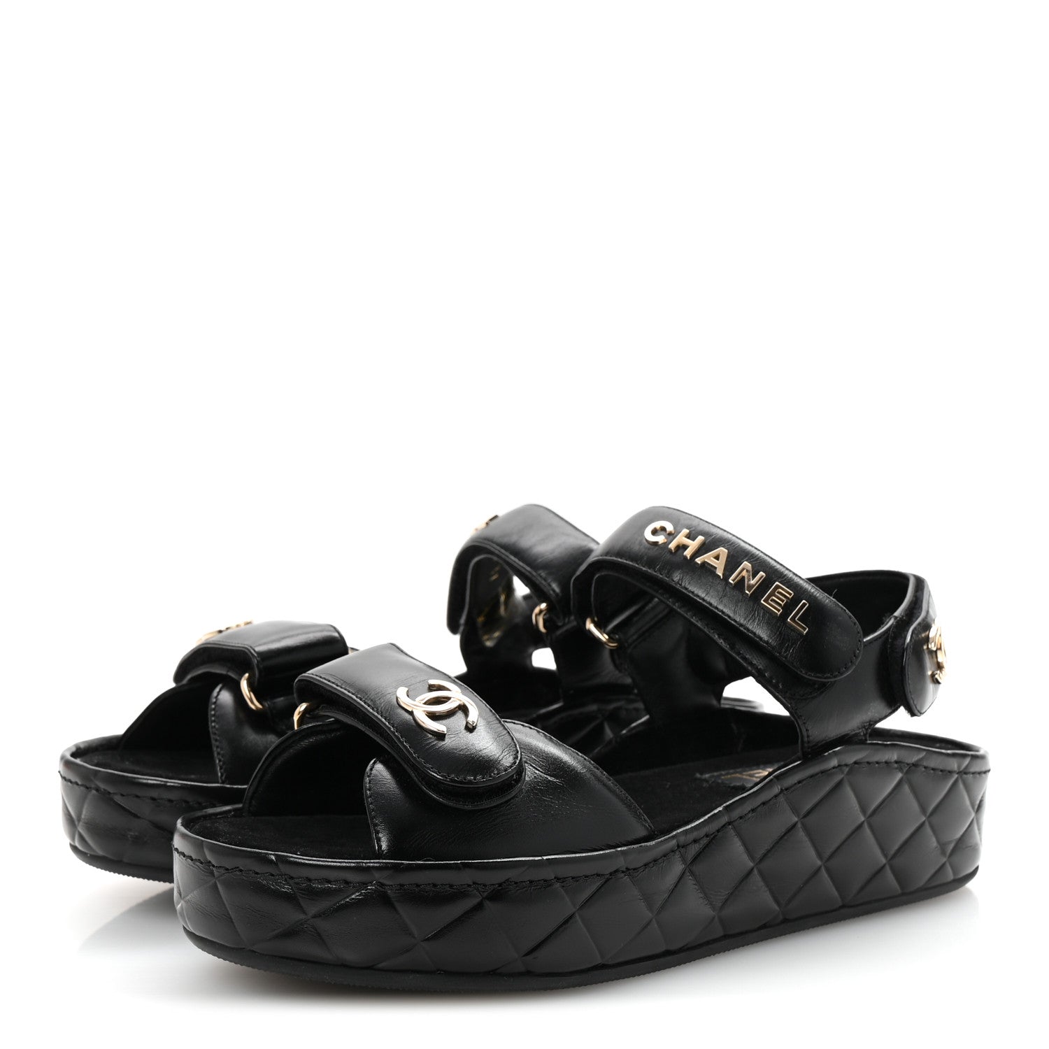 Chanel Shiny Calfskin Logo Platform Sandals 37 Black