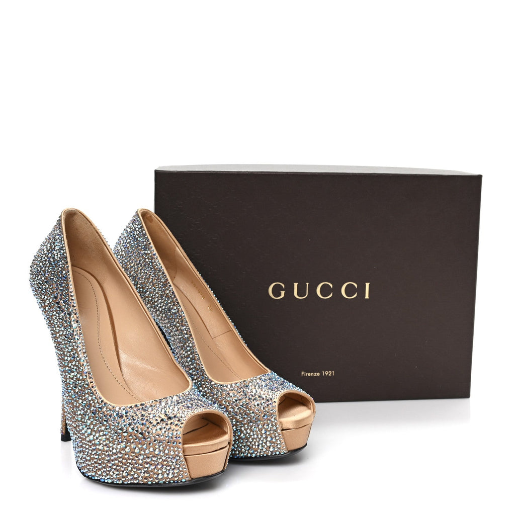 Gucci Satin Crystal Sofia Etoile Peep Toe Pumps 38 Blue