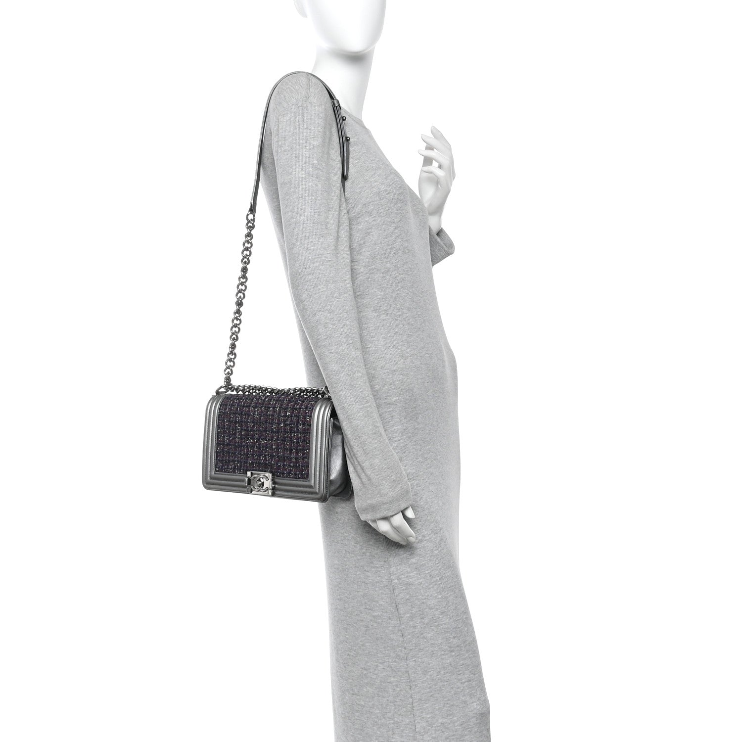 Chanel Tweed Metallic Lambskin Medium Boy Flap Silver