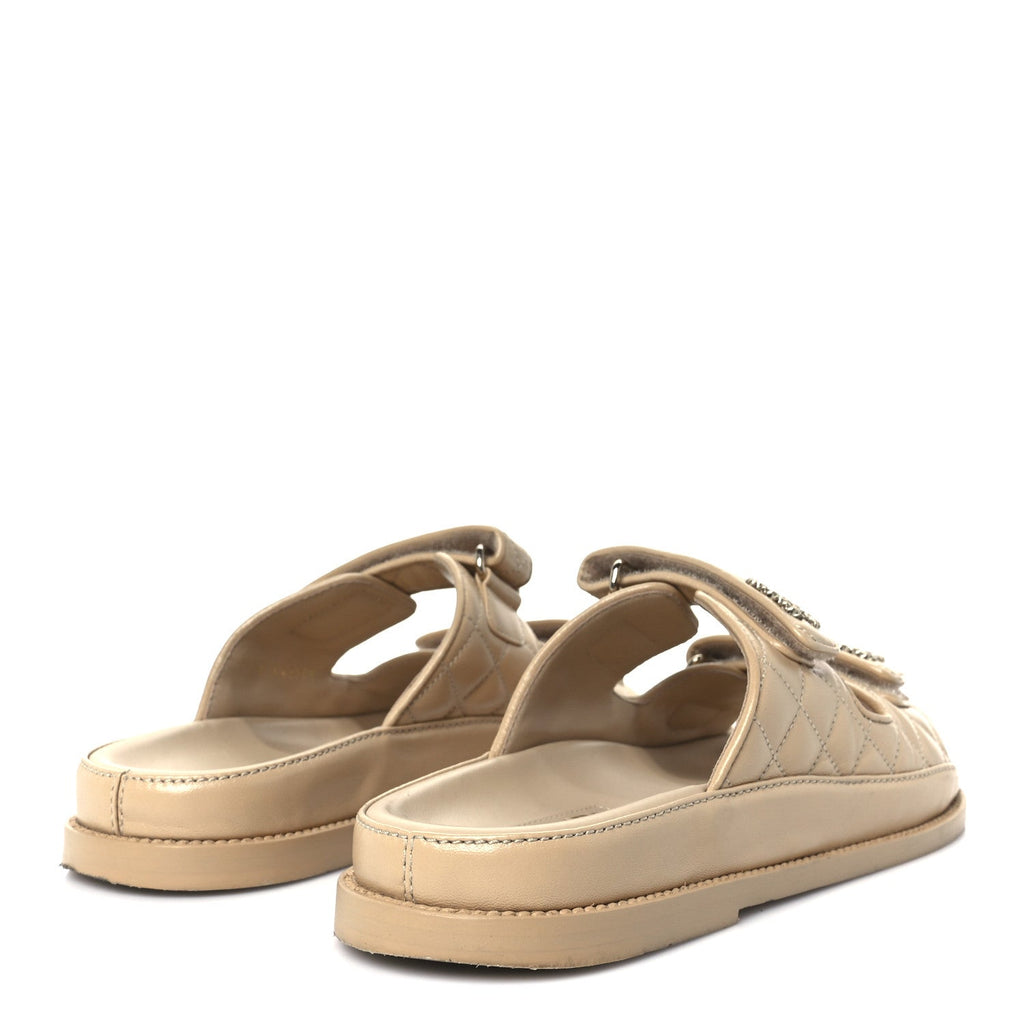 Lambskin Quilted Velcro Dad Chain CC Slide Sandals 39.5 Beige